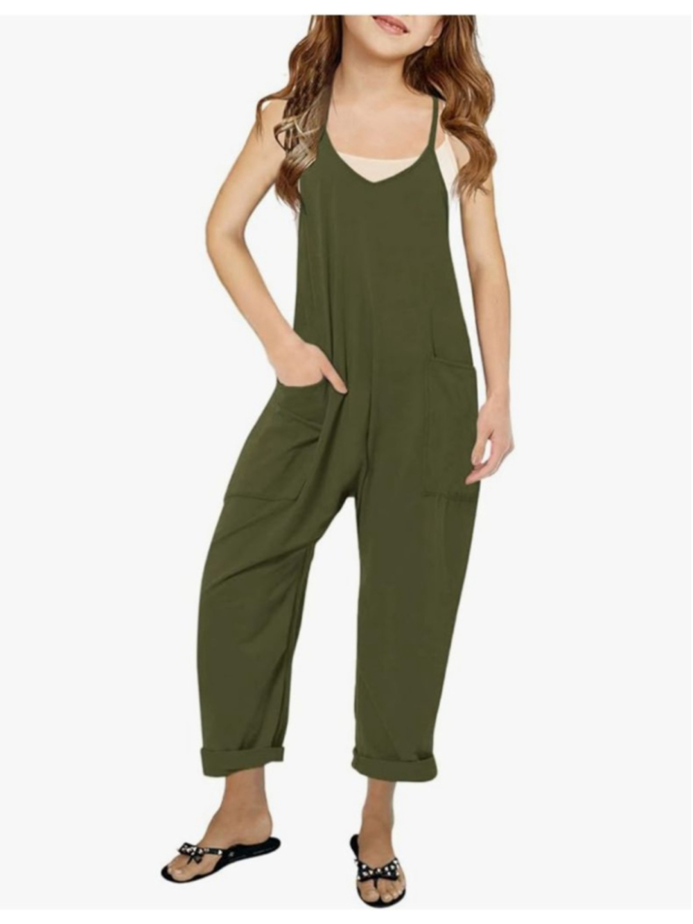 Girl's Army Green Sleeveless Jumpsuit - Large